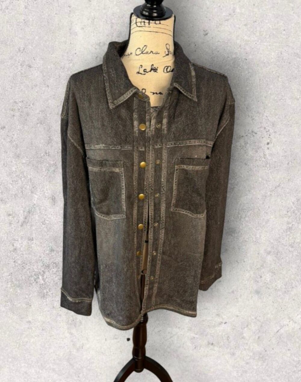 Vintage Havana Black Gray Mineral Wash Snap Front Shacket Jacket Top Large NWT